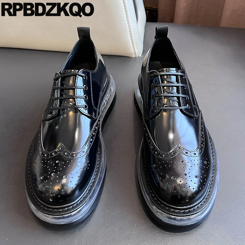 Brogue Patent Leather Oxfords Round Toe Full Grain Shoes Wingtip Casual Derby Transparent Sole Dress Lace Up Famous Men Flats