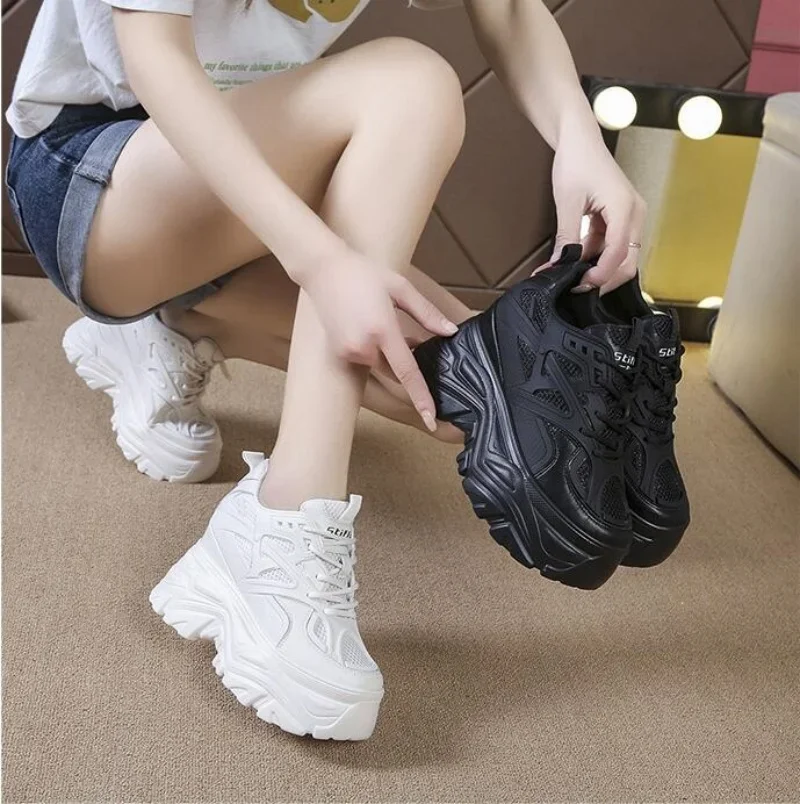 

Spring Autumn Breathable Mesh Sneakers Hidden Increasing Sport Shoes Woman Wedge Casual Chunky Shoes High Platform Shoes 9CM