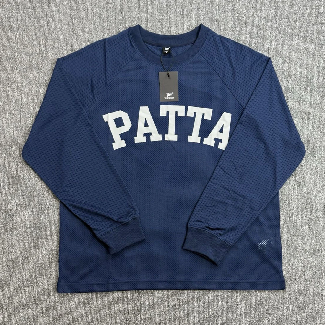 

PATTA синяя сетчатая футболка с длинными рукавами для мужчин и женщин, футболки высокого качества, винтажная футболка