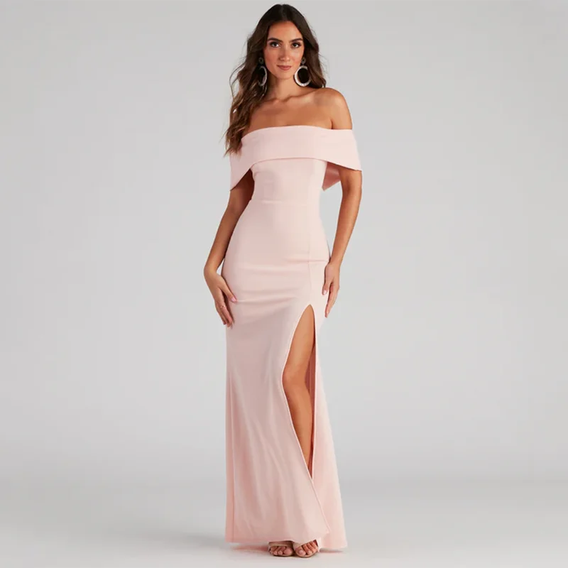 

BLUE Off-the-shoulder Mermaid Prom Dresses Satin Floor-length Formal Evening Gown Women's Ruched Back High Slit Vestido De Noche