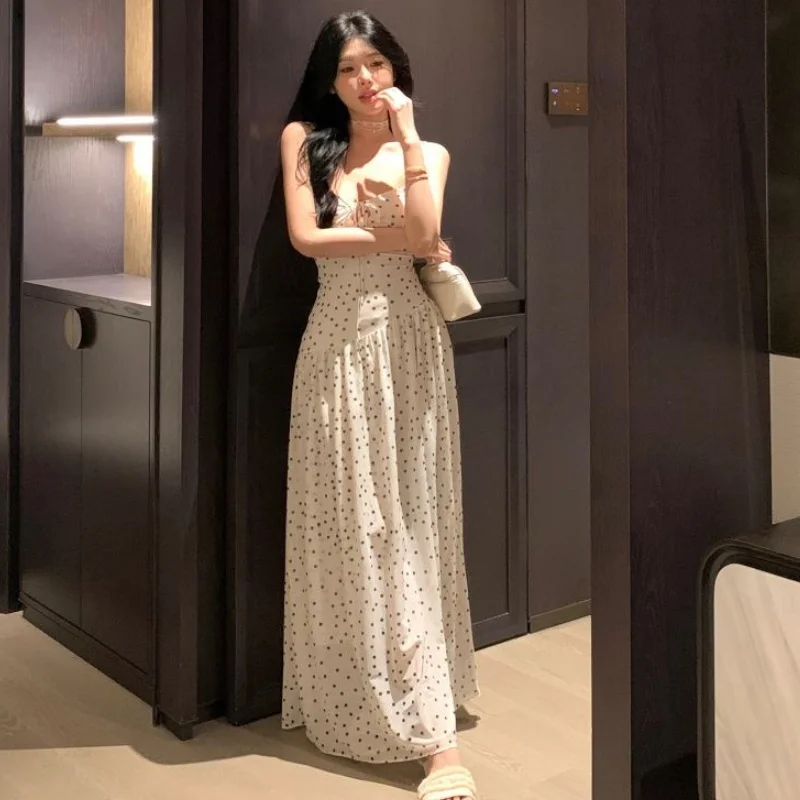 Women Design Slip Maxi Dress Lady Fit Tie-Strap Cutout  Butterfly Knot Polka Dot  A-Line Dress Female  Beach Walk Dress