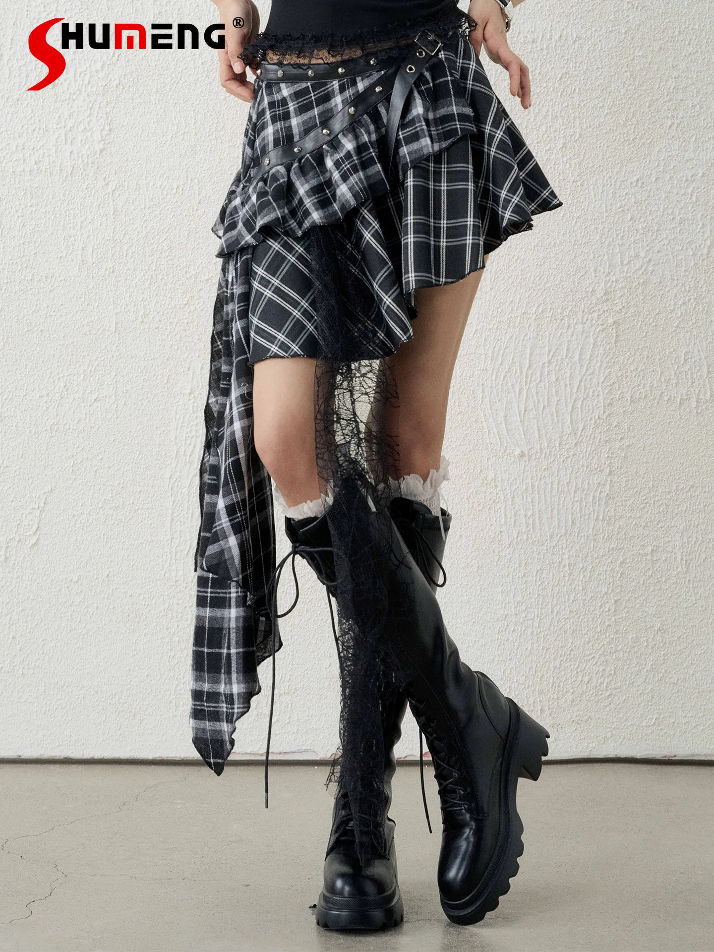 

Sweet Cool Girl Subculture Asymmetrical Plaid Midi Skirts High-waisted Pu Belt Versatile Y2k Mini Skirt for Women Summer 2026