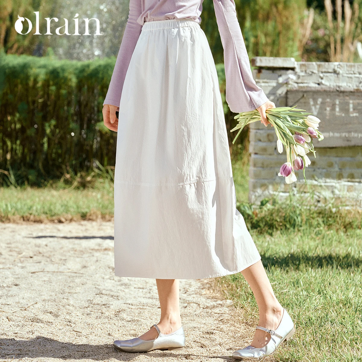 OLrain White Skirt Women 2026 Spring Elegant Bud Spliced Ladies Long Skirts Casual Loose Fit Back Slit Female O58CB002999
