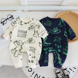 MILANCEL New Autumn Baby Girls Cartoon Dinosaur Toddler Cute Graffiti Letters Jumpsuit Infant Outwear One Piece