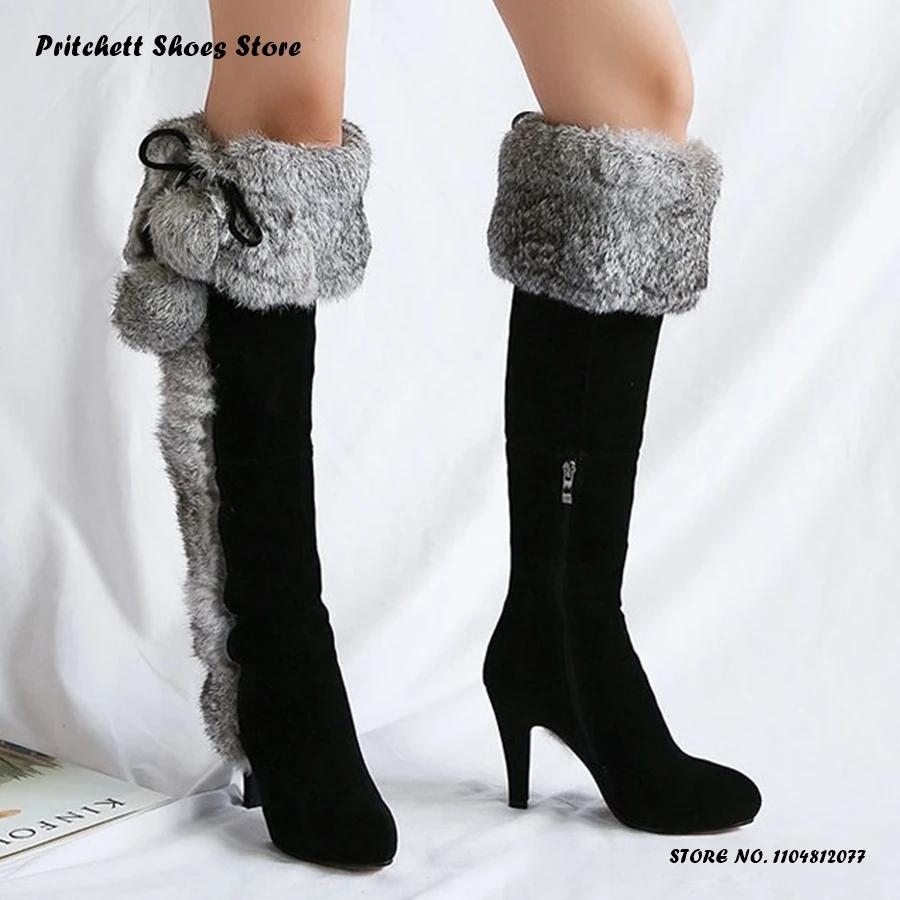 Women's Black Suede Winter Warm Boots Side Zipper Faux Fur Over-the-knee Boots Street Style Elegant Pointed Toe Thin Heels Shoes