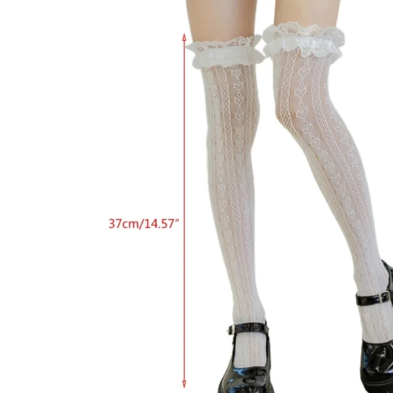 Calzini alti alla coscia da donna Lolita a rete stile giapponese cuore a righe in pizzo fantasia sopra il ginocchio calze lunghe con volant increspato Kawaii