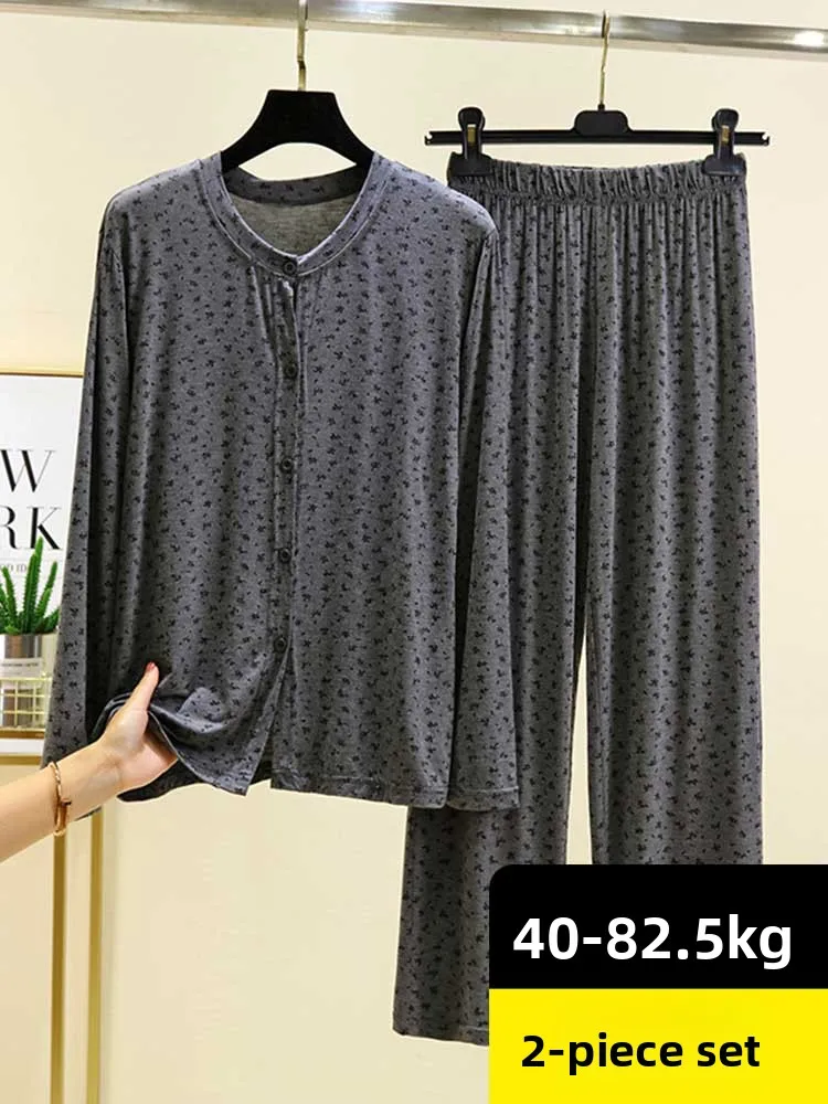 Modal Thin Long Sleeve Sleepwear Set Casual Style round Neck Print Top And Pants for Women Home Leisure Autumn Spring Winter 3