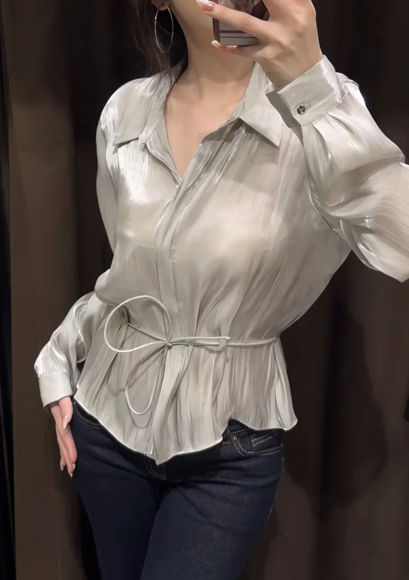 ETJ women's spring new elegant shiny sense of fashion belt pleated details casual long sleeve short shirt view 3