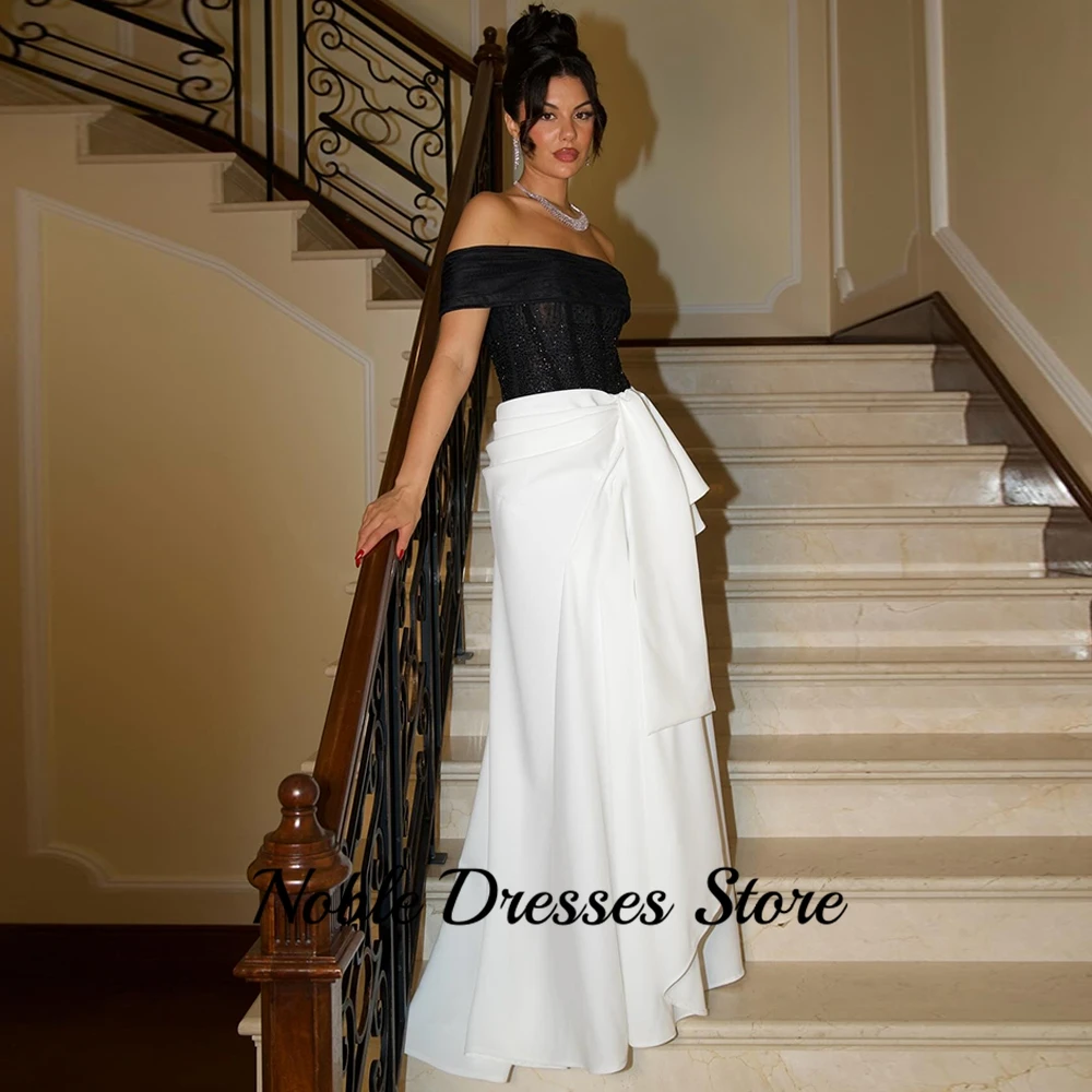 فستان سهرة كلاسيكي من الأورجانزا الأسود والأبيض من الجيرسيه مخصص قبالة الكتف فستان الحفلة الراقصة فساتين مناسبة رسمية بألوان متباينة #5