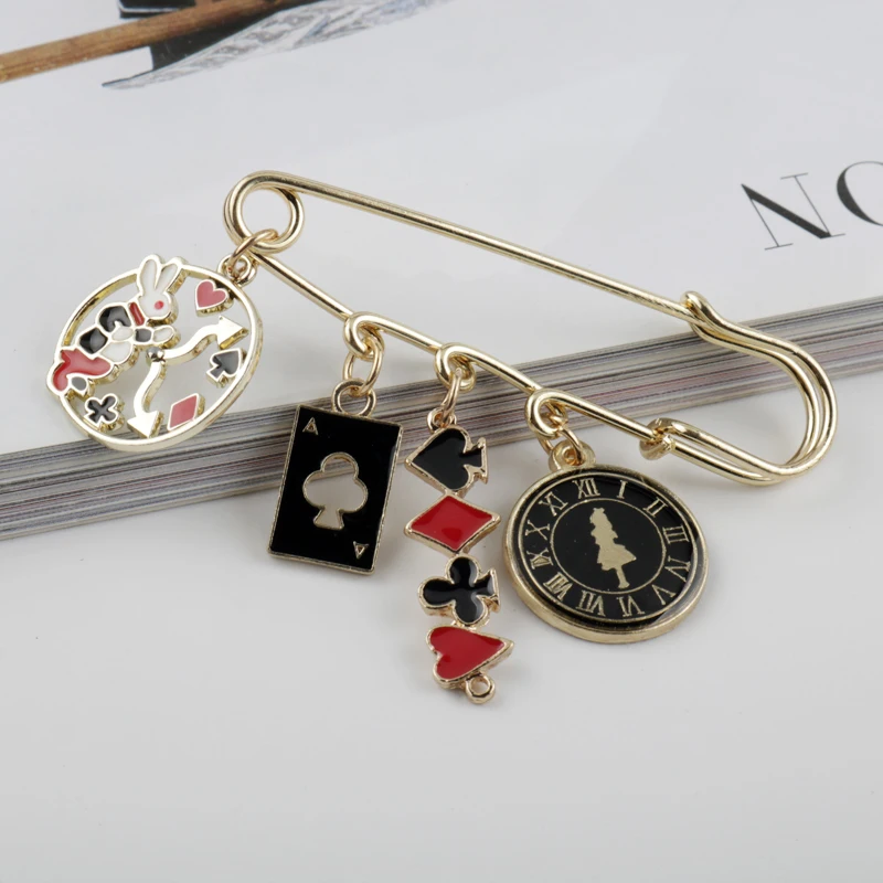 Alice in Wonderland Cartoon Brooch Pin, Cute Metal Enamel Rabbit Clock Badge for Women Kids Bags Hats Safety Decoration view 3