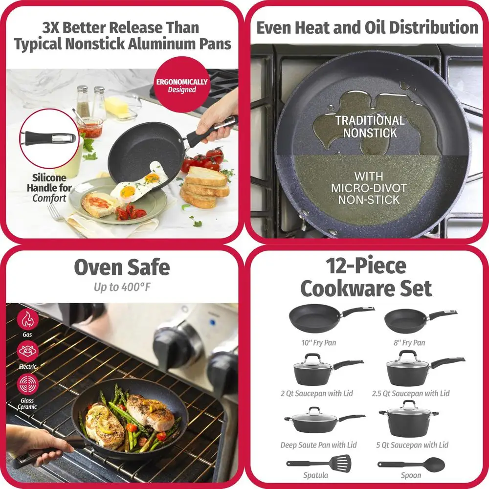 

12-Piece Nonstick Aluminum Cookware Set: Pans, Dutch Oven, Tools in Black