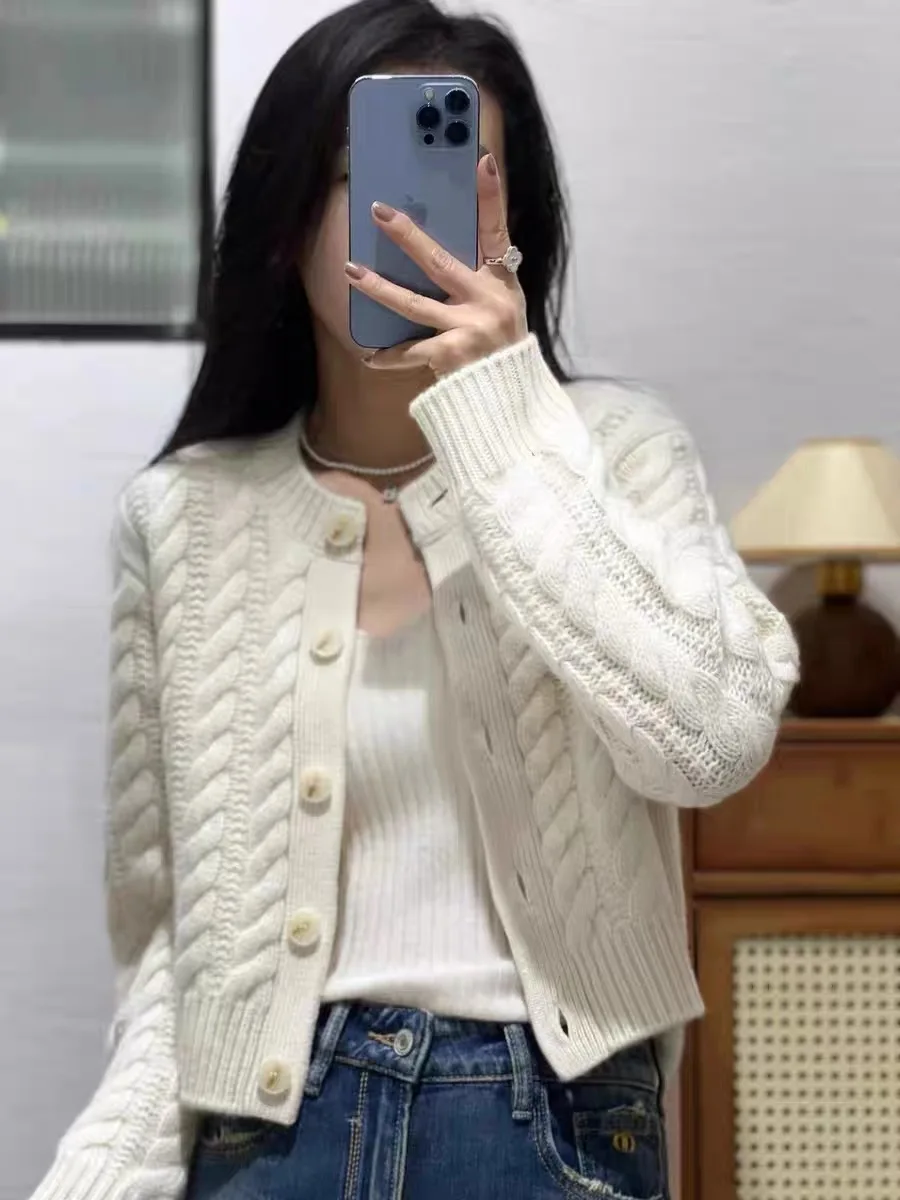 2022 thick pure100% pure cashmere cardigan women\'s round neck beige twist loose lazy lazy short wool knit sweater coat