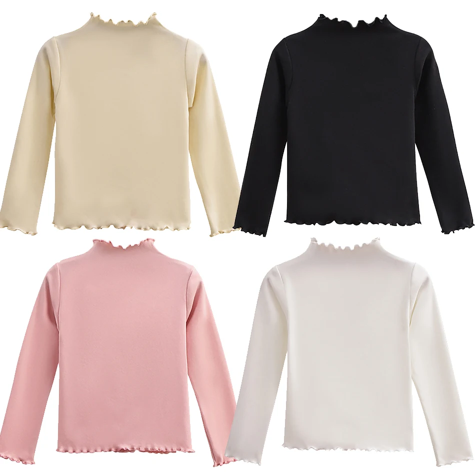 

Girls Long Sleeve T-Shirt with Ruffle Edges Soft and Warm Fashion Solid Color Tops Cute Spring Autumn Casual Shirt for Kids
