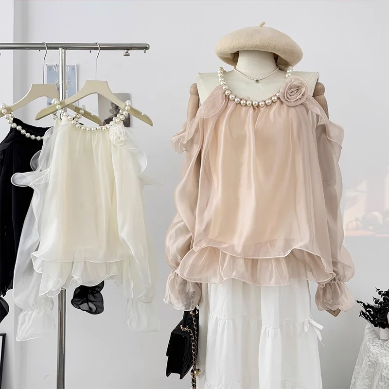 

Модная женская блузка с открытыми плечами и жемчугом, весна 2025 года, топы с длинными рукавами и рюшами с 3d цветами, милые сетчатые рубашки феи