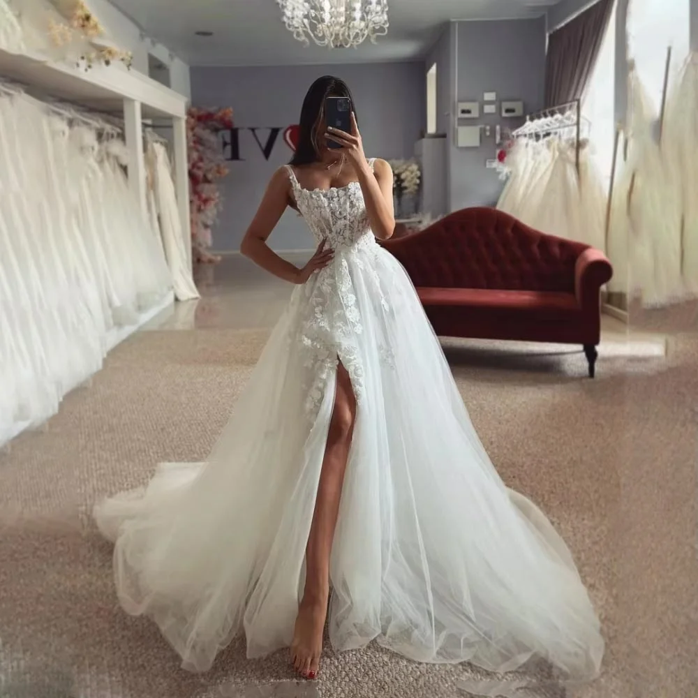

Customized Charming Square Neck Wedding Dress Exqusite Lace Applique Bridal Gown High Split Wedding Gown Vestidos De Novia