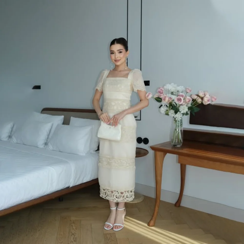Customized Ivory Square Neck Lace Mother Of The Bride Gown Puff Short Sleeve Tiered Hollowed-out  Midi Wedding Guest Dress