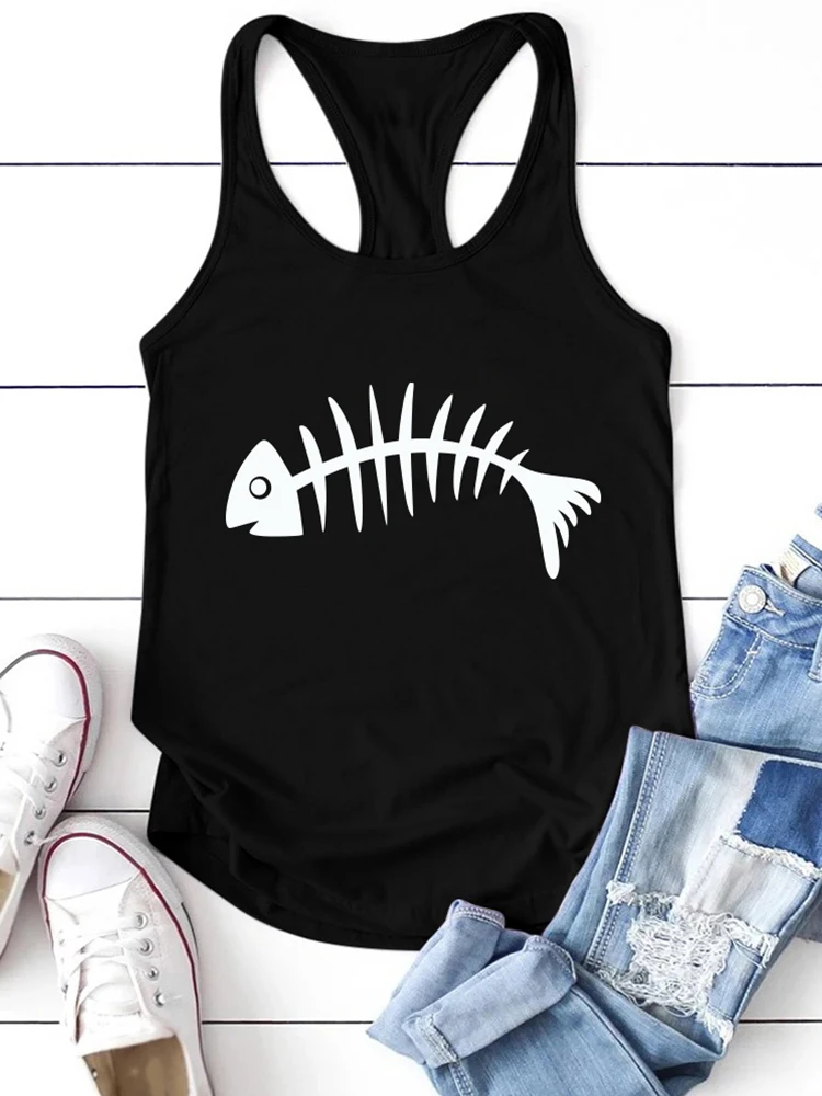 Crew Neck Sleeveless Summer T Shirt Harajuku New Casual Vacation 90s Tee  Tops Fish Skeleton Print Funny Women Tank 