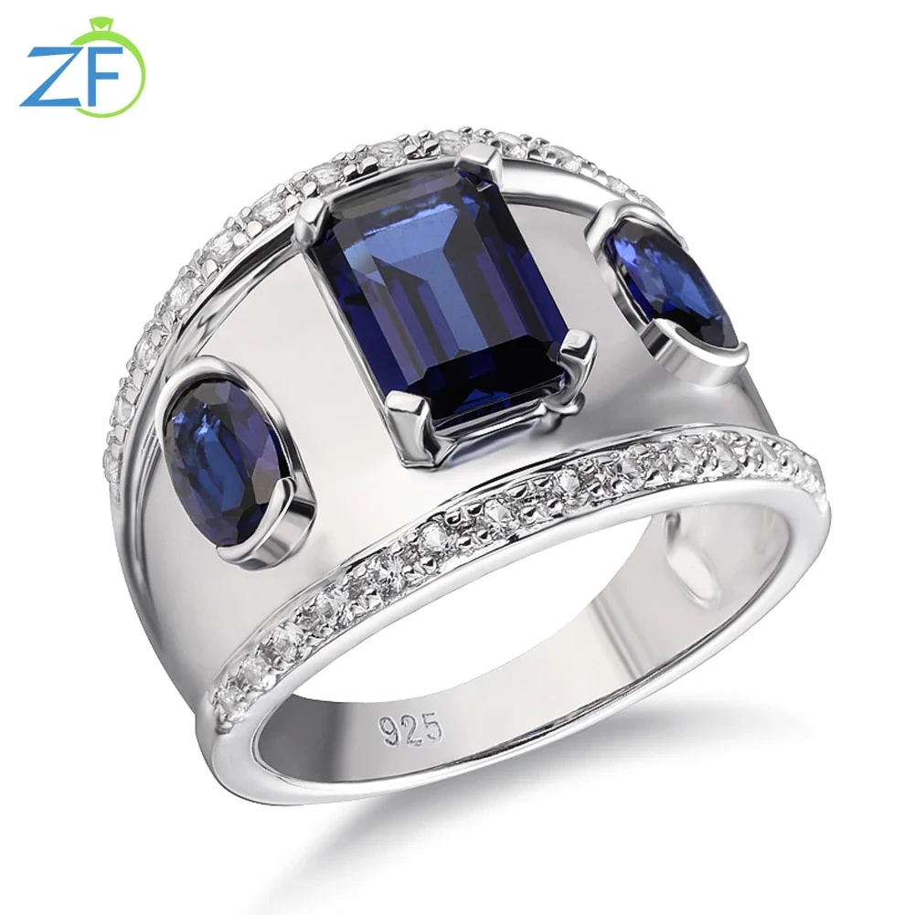 

GZ ZONGFA Women's Blue Gemstone 925 Sterling Silver Created Sapphire Unique Style Wedding Rings Fine Jewelry Party Gifts