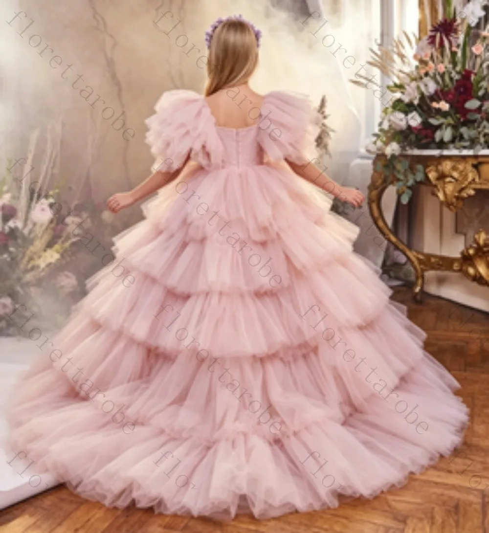 Customized Dusty Pink Kids Pageant Gown Spaghetti Strap Rhinestone Bodice Large Ruffle Shoulder Multi Tier Layer for Wedding