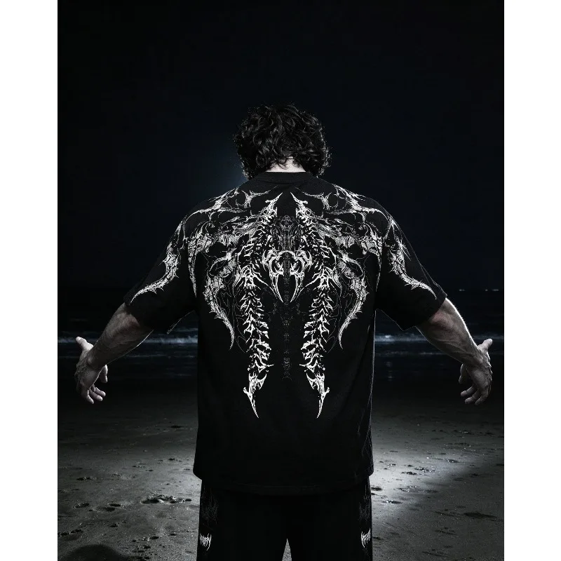 Men's Kid Oversized Skull Demon Pattern T-shirt, Death Metal Skull Thorn Dark Punk Street Wear Loose Short Sleeved T-shirt