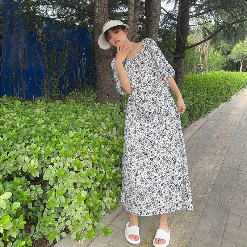 Women New Cotton Silk Dress Spring Summer Explosions Artificial Cotton Floral Dress Thin Large Size Nightgown T0072