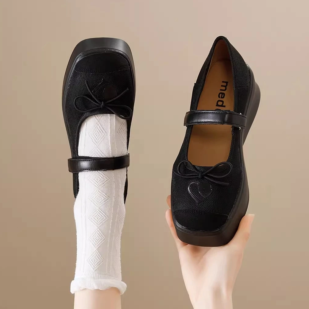 Молодежные женские массивные туфли Мэри Джейн для девочек, спортивная обувь, модная повседневная обувь на платформе с неглубоким бантом, женские балетки-лодочки