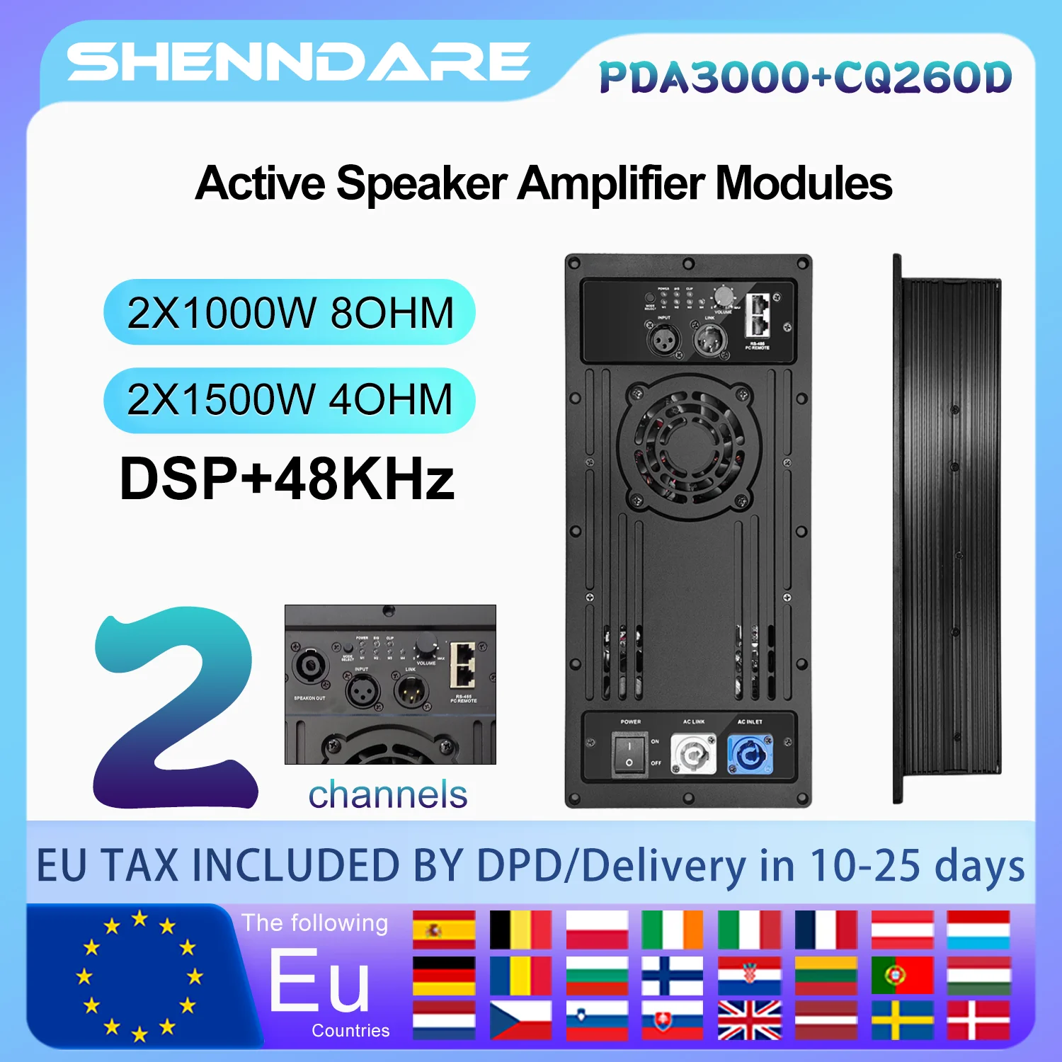 

SenMicre PDA3000+CQ260D Professional DSP Digital Power Amplifier 2x1000W 2CH Active Speaker Amplifier Module Subwoofer AMP Board