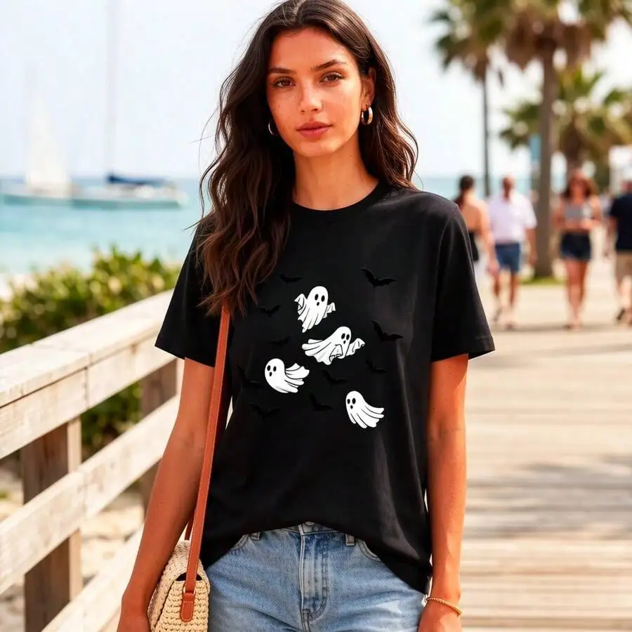 Plus Size Cute Ghost Bat Halloween T-Shirt Holiday Gift For Spooky Season Lovers Women's Casual Oversized Present Tee