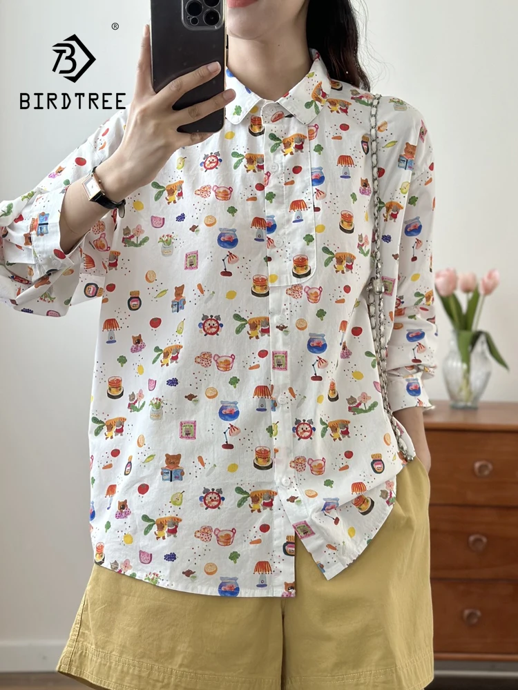 New 2026 Autumn Women Cotton Long Sleeve Shirt, Lapel Cartoon Print, Mori Girl French Age Reduction Chic Loose Blouse T66020CC