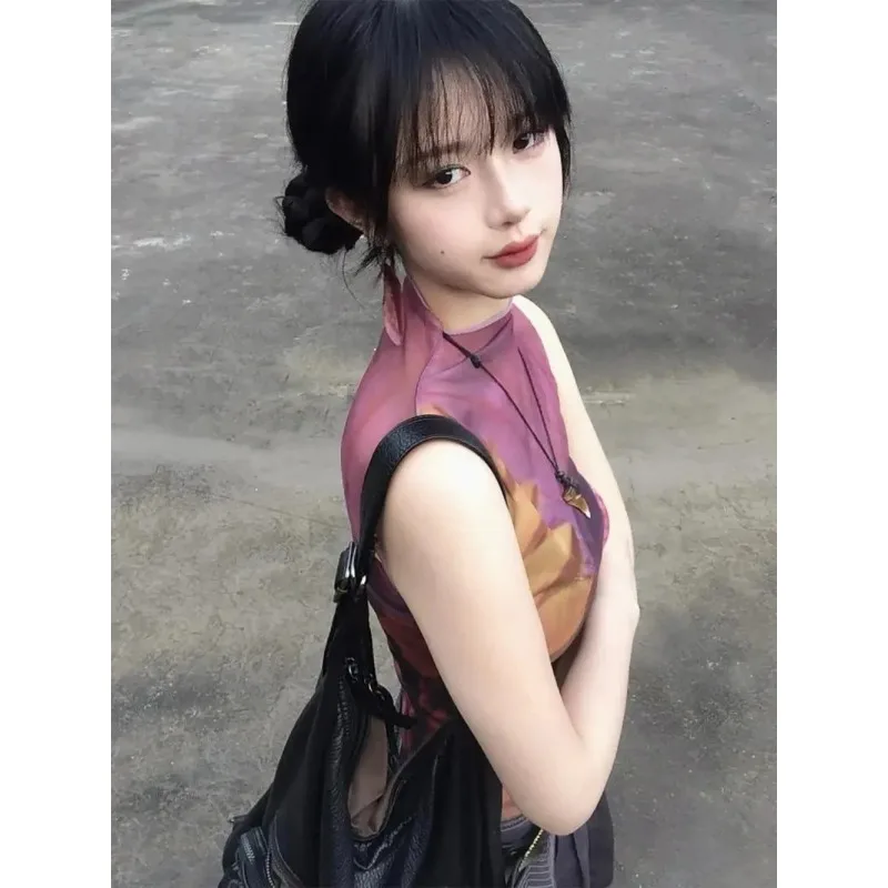 

American Retro Y2k Half-high Collar Printed Mesh Vest T-shirt Women's Summer Pure Desire Slim Top