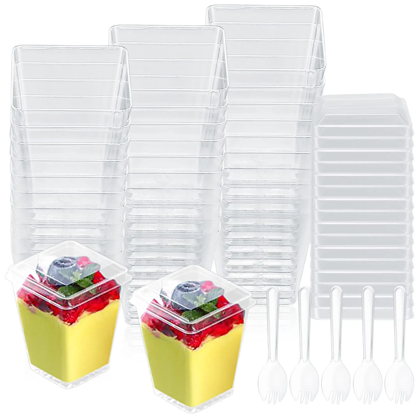 50er-Pack 5,4 Unzen durchsichtige Dessertbecher aus Kunststoff mit Deckel und Löffel – wiederverwendbare Schüsseln für Pudding, Eisbecher und Partys