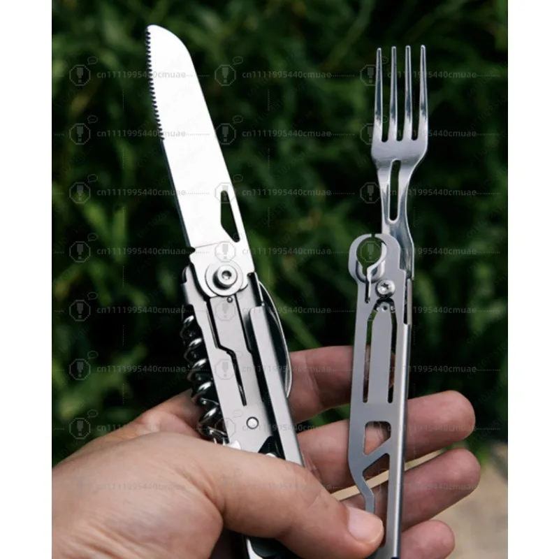 Outdoor camping tableware Stainless steel multi-functional folding fork and spoon combination, red wine bottle opener