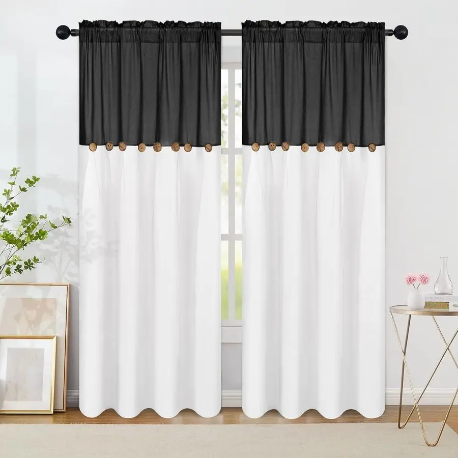 

Farmhouse Cotton Linen Curtains for Living Room, Boho Button Curtains 84 Inch Length 2 Panels Set, Black Rustic Country Linen Wi