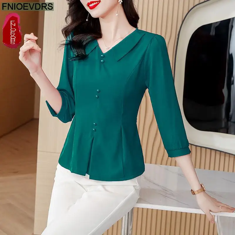 5 Colors Hot Women 2023 Elegant Office Lady Casual Solid Basic Button Shirts Purple Red Peplum Peter Pan Collar Tops Blouses