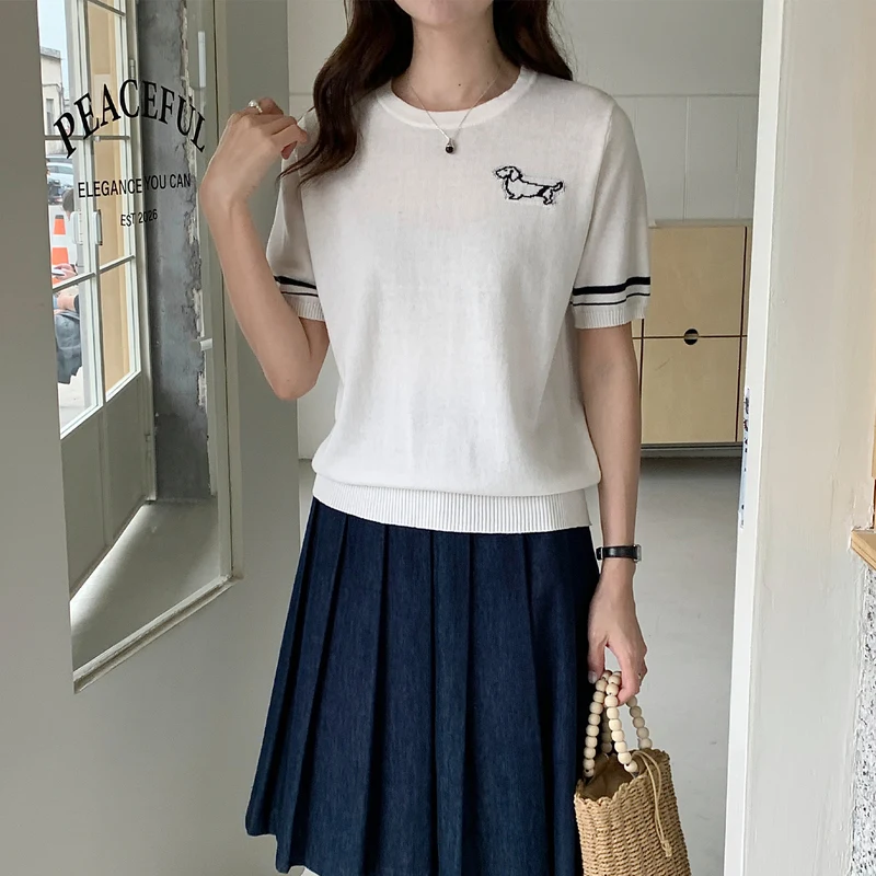 ** Summer 100 cotton short sleeve womens tee shirt casual pullover loose knit solid color round  fashionk embroidered tops 2026.