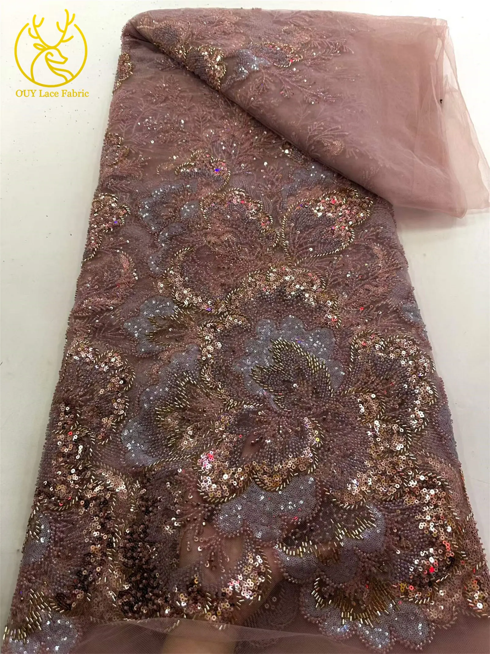 Afrikanischer Brautkleidstoff mit Perlen und Spitze 2026 Luxuriöse Nigerianische Stickerei Pailletten-Spitze Französische Tüllspitze für Brautkleider – Detail 16