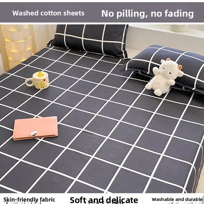 Soft Breathable Washed Cotton Fitted Sheet Single Piece, Skin-Friendly Minimalist Design, All-Season Bedding, Easy Care