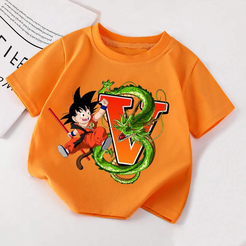 Camiseta de Dragon Ball para niños, camiseta con letras A-Z, ropa con cuello redondo, ropa de verano para niños y niñas, ropa de Anime de manga corta para niños, regalo