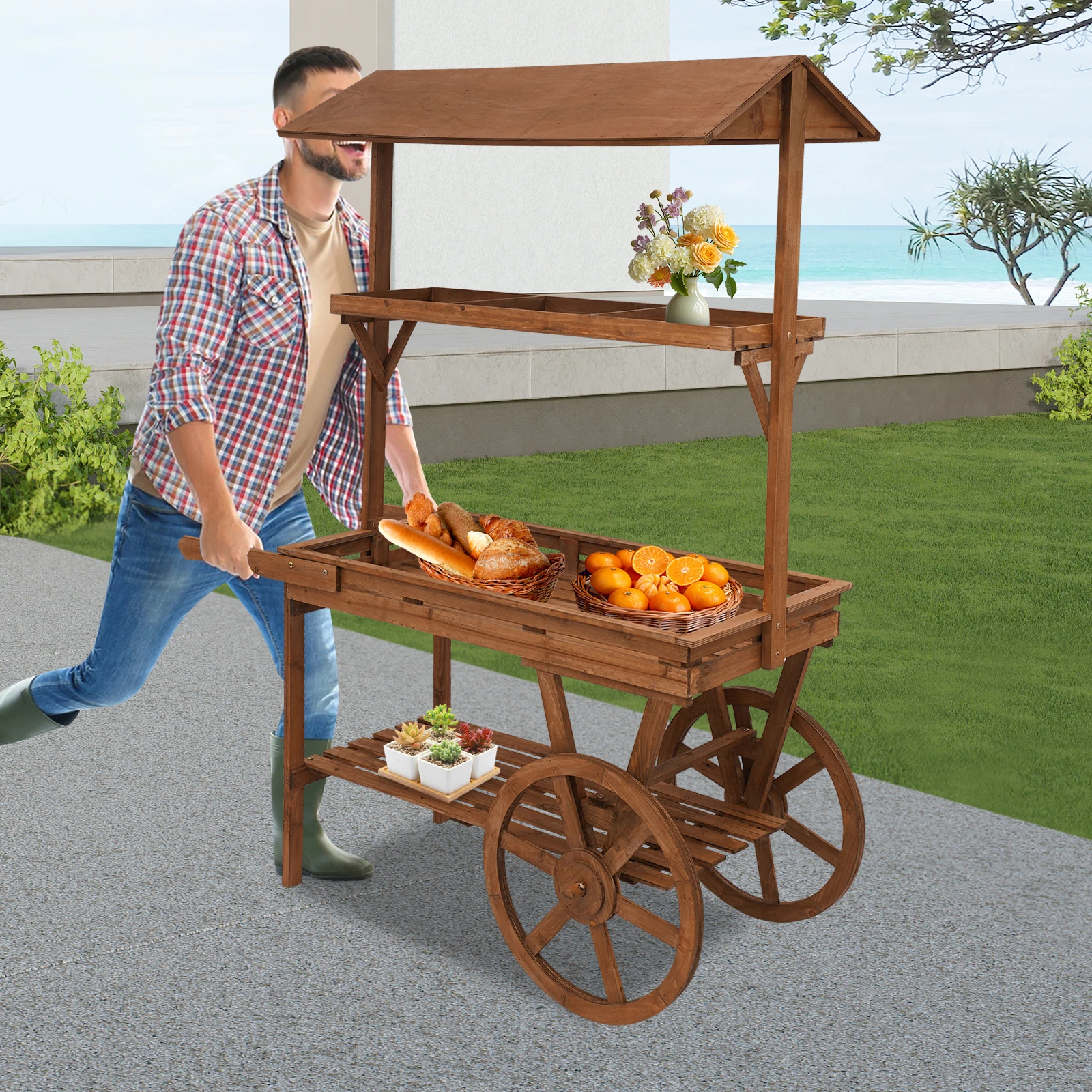 BYMAOCAR 3-Tier Brown Wooden Rolling Display Cart With 2 Universal Wheels Multifunctional Mobile Storage Trolley Flower Display Stand Food Serving Table Tea Stall Retail Merchandise Display Rack For Home Shop Event Decor