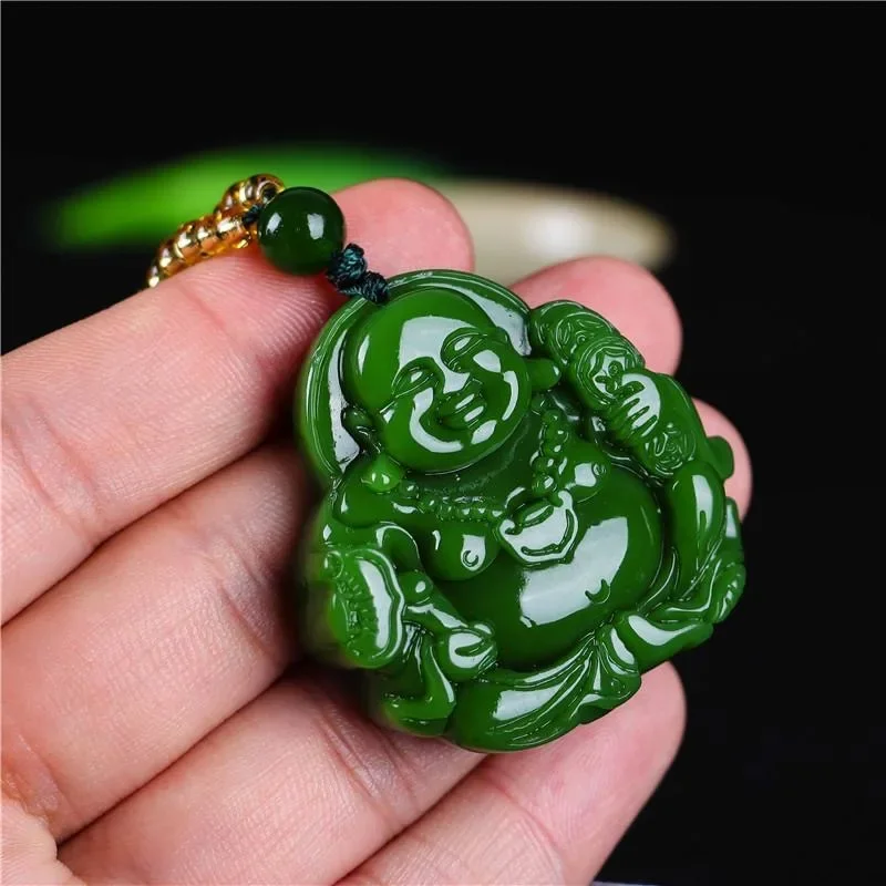 Chinese Green Jade Maitreya Buddha Pendant Necklace Charm Jadeite Jewelry Carved Amulet Fashion Accessories Gifts for Women Men