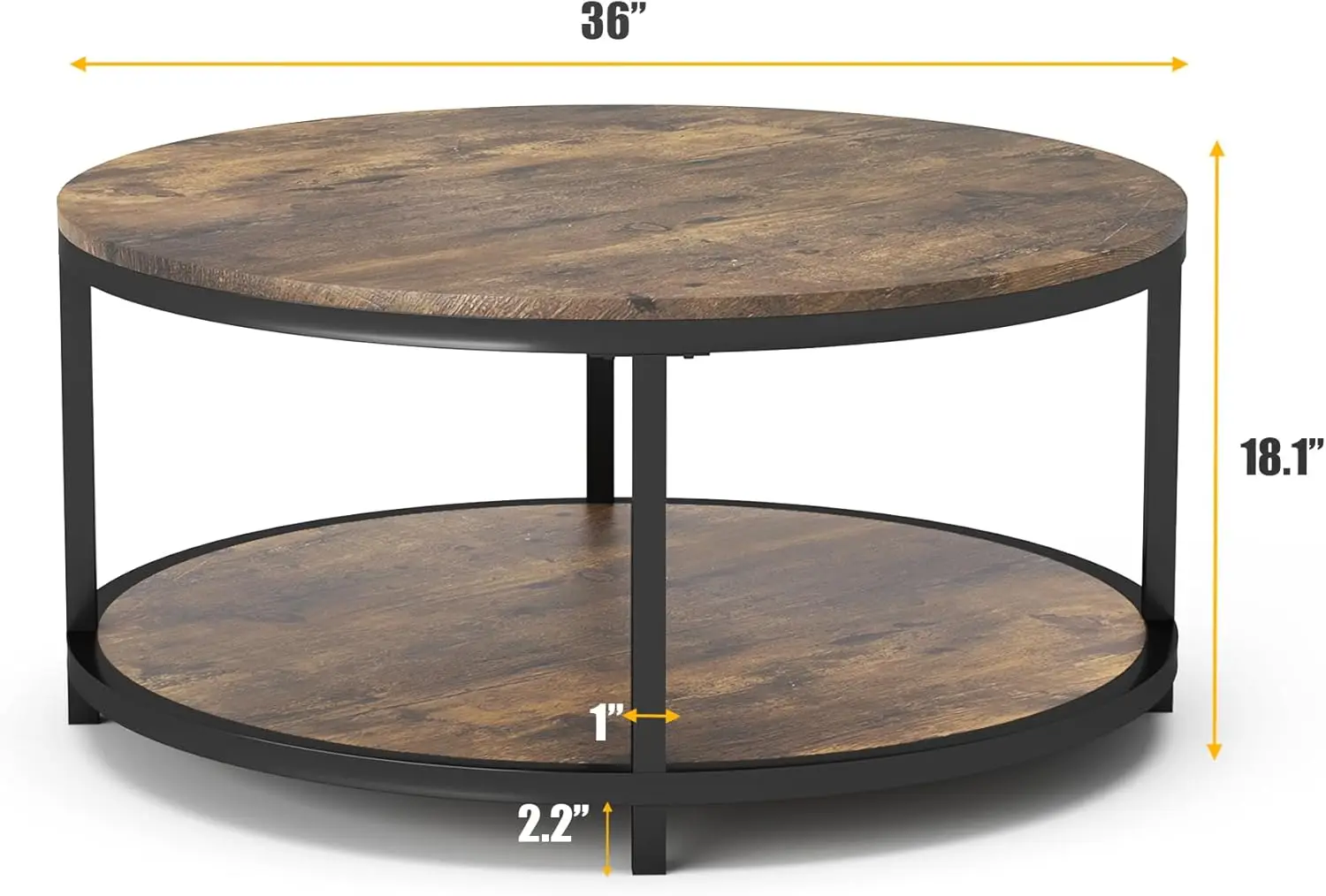 Mesa de centro redonda de 36 pulgadas, mesa de sofá industrial para sala de estar con patas de metal resistente, diseño moderno con almacenamiento (marrón)