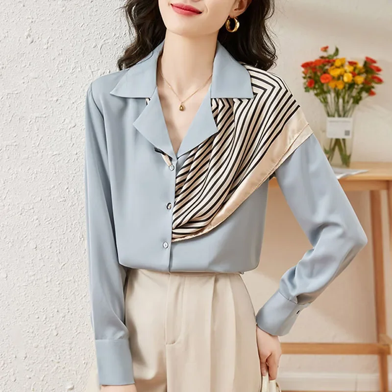 

New Long Sleeve Notched Collar Women Shirt Spliced Shirt Blouse Women Tops Blouses Shirts Blusas Para Mujer Camisas Blusas N258