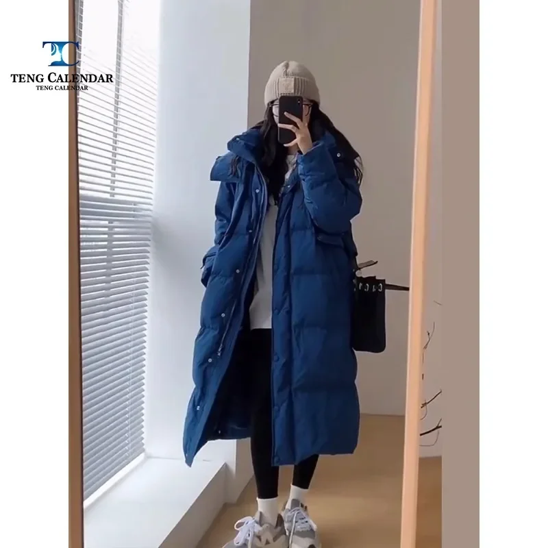 Fashion Klein Blue Long Down Jacket, Korean Version Knee Length Loose Hooded Thick Jacket, Women's Winter 2024 New Style