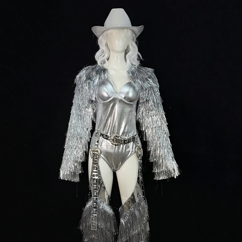 Women Show Performance Costume Silver Tassel Performance Clothing Singer Showgirl Stage Outfit Gogo Party Dance Clothes VDL5820