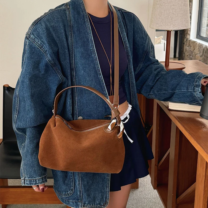 

Luxury Desinger Women's Leather Suede Shoulder Bag Large Capacity Ladies Zipper Underarm Bag Females Gift Handbag New Winter