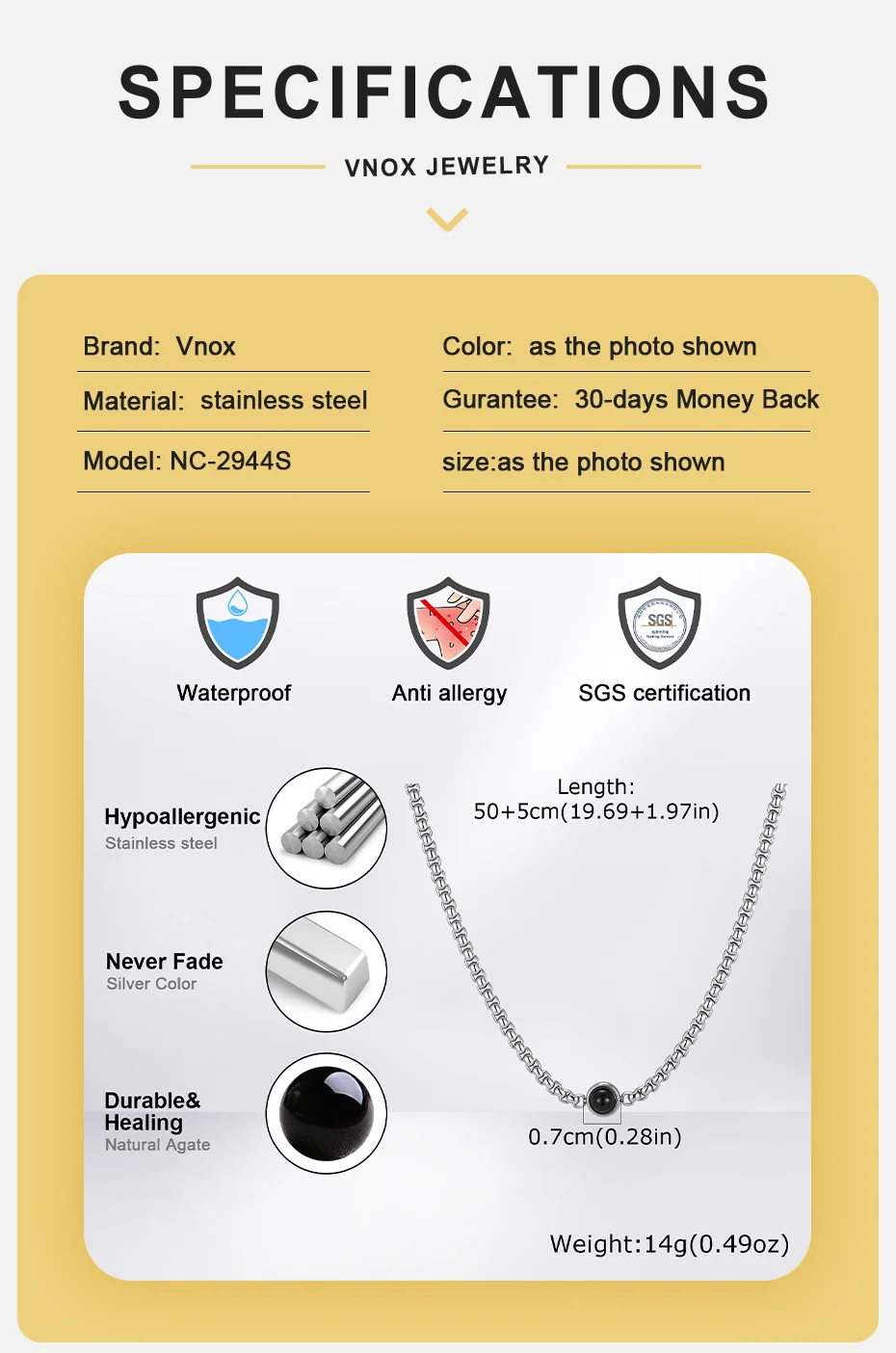Vnox Herren Edelstahl-Kastenkette Halskette mit schwarzem Onyx-Anhänger, verstellbare Kette, Alltagsschmuck, Geschenk für Männer, lässige Alltagskleidung – Detail 4