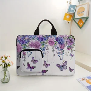 Purple Butterfly Hydrangea Floral Print Laptop Handbag Shockproof Notebook Case With Front Pocket For Travel Office