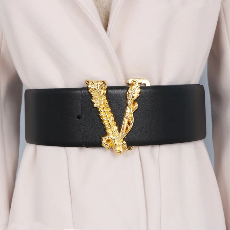 Width 6.5CM Waist Belt Women Metallic Gold Large V-shaped Cowhide Decoration Versatile Fashion Commuter Dress Jacket Jeans Belt