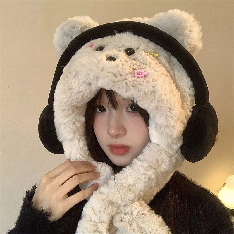 Earphones Puppy Hat Scarf All-in-one Cold-proof Warm Hooded Scarf Thick Ear Protection Plush Hat ﻿