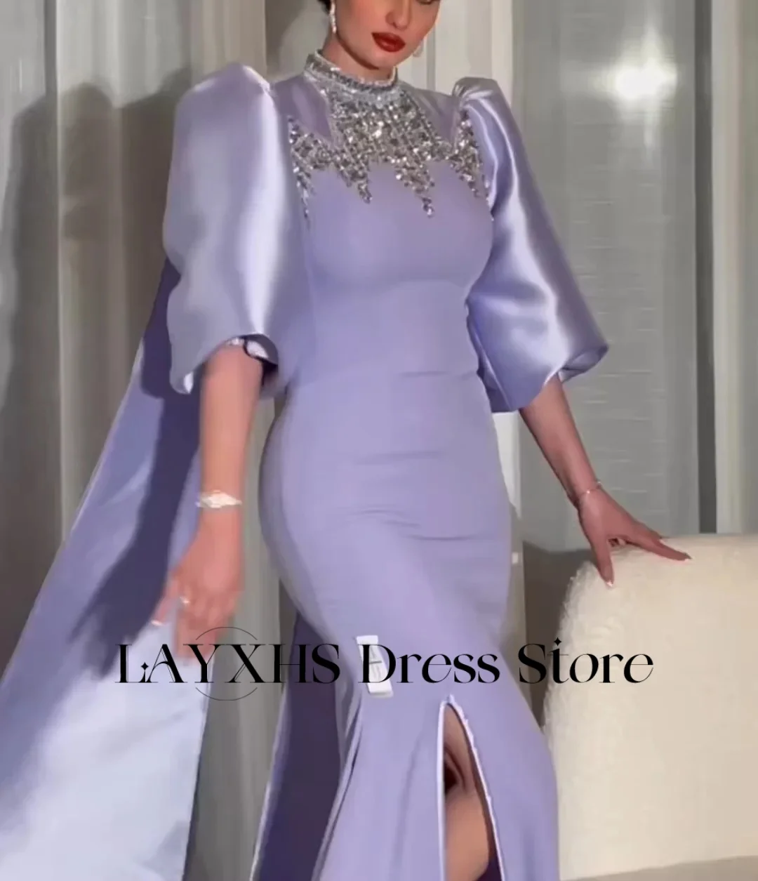 LAYXHS فساتين سهرة رائعة باللون الأرجواني برقبة دائرية حورية البحر منتفخة نصف كم مطرز بفتحة جانبية فساتين لحضور الحفلات الموسيقية مخصصة Fساتين